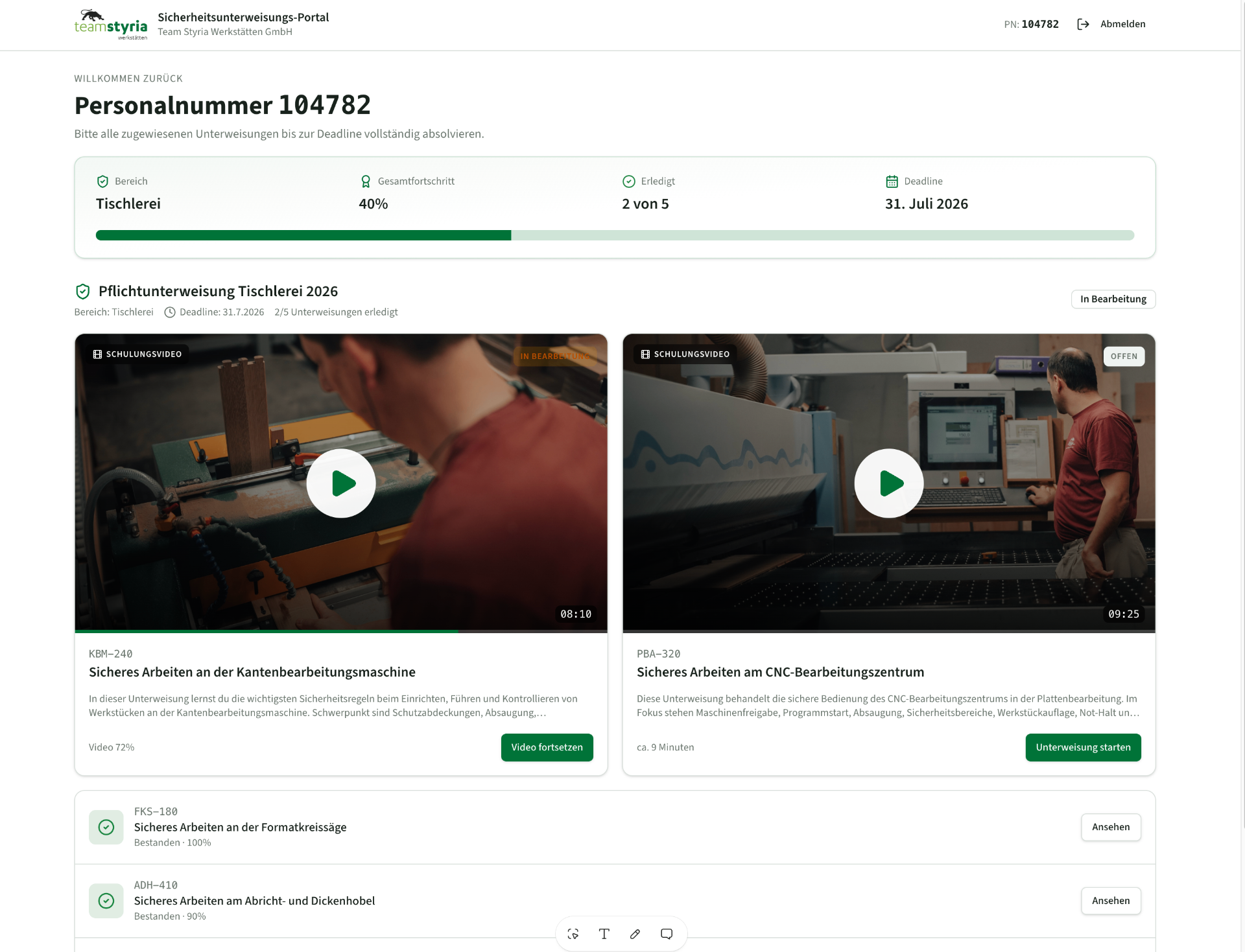 Sicherheitsunterweisungs-Portal — Team Styria